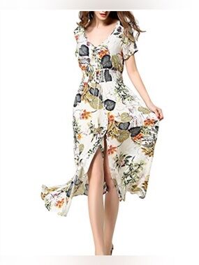 Floral V-Neck Maxi Dress in White with Drawstring Waist